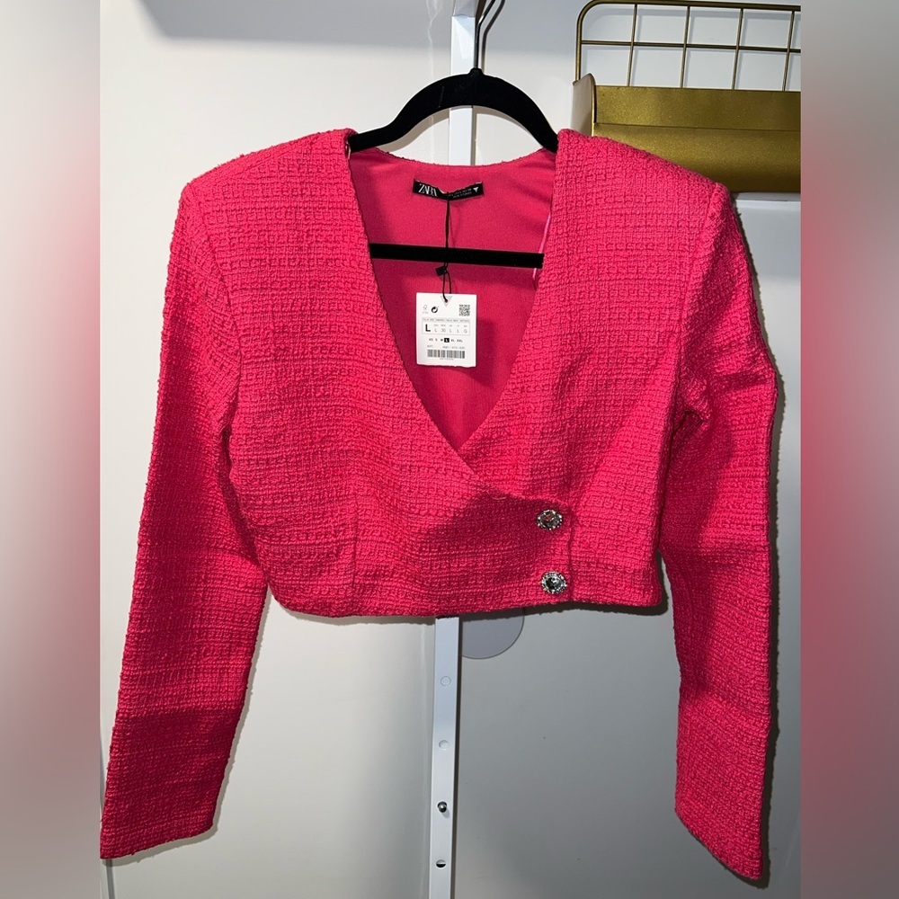 Zara Hot Pink Cropped Tweed Blazer with Decorative Buttons
